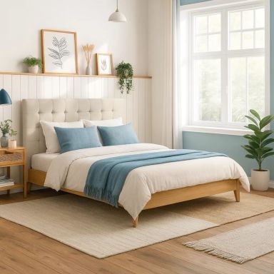 Lit avec tête de lit capitonnée en velours écru et structure en bois avec matelas dans un décor de chambre