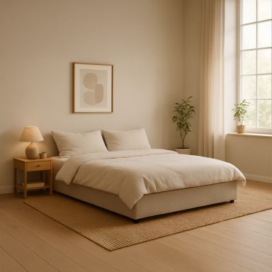 Lit coffre en velours côtelé grosses côtes taupe 140x190