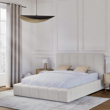 Lit coffre en tissu avec tête de lit beige