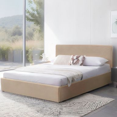 Lit coffre avec tête de lit rembourrée en velours côtelé beige 140x190