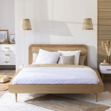 Ensemble lit en bois naturel + tête de lit en cannage SMOOTHCLOUD
