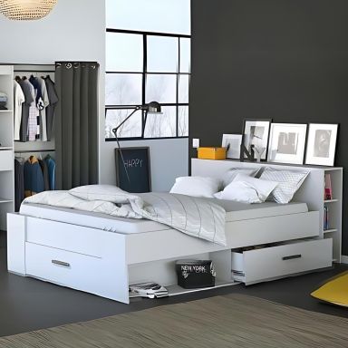 Lit en bois avec tiroir blanc perle - LT177
