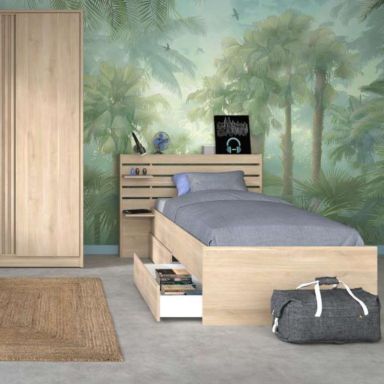 Lit enfant 90x190/200 chevet et tiroirs inclus coloris bois naturel CLEM