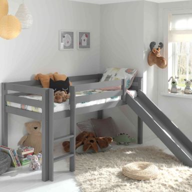 Lit mi-hauteur enfant avec toboggan en bois massif gris 90x200 cm - LT2040