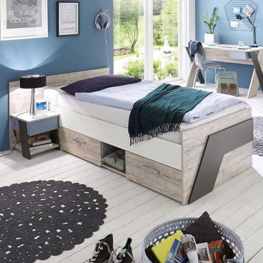 Lit tiroirs enfant 90x200 + chevet en bois imitation chêne sable - LT13028-1