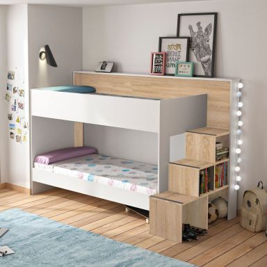 Lit superposé 90x200 en bois imitation chêne clair et blanc
