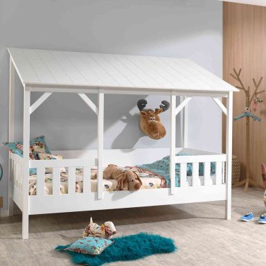 Lit cabane enfant avec toit blanc en bois 90x200