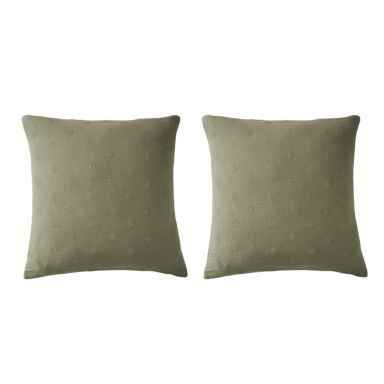 Lot de 2 taies d'oreillers brodées double gaze de coton kaki 60x60
