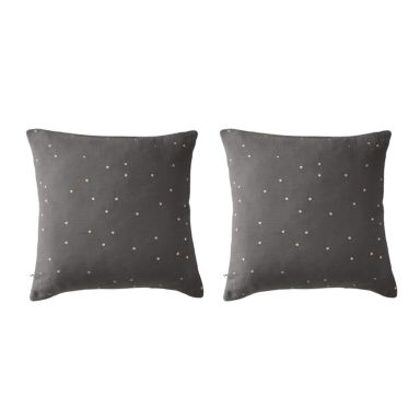 Lot de 2 taies d'oreillers brodées double gaze de coton gris anthracite 60x60