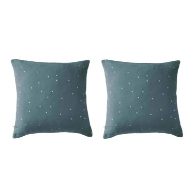 Lot de 2 taies d'oreillers à pois brodés double gaze de coton bleu canard 60x60