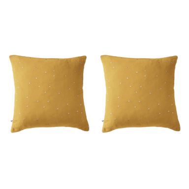 Lot de 2 taies d'oreillers à pois brodés double gaze de coton jaune safran 60x60