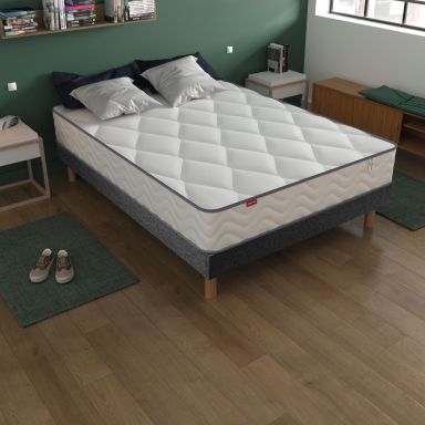 Ensemble Merinos matelas ressorts ensachés + mousse mémoire Sweety, sommier en kit déco et pieds
