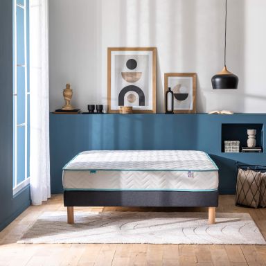Ensemble Merinos matelas ressorts ensachés Enjoy, sommier en kit déco et pieds
