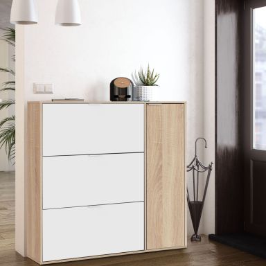Meuble à chaussures 4 portes, capacité 32 paires - blanc et chêne