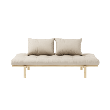 Sofa en pin massif naturel matelas beige 75x200 + coussins 40x60 inclus