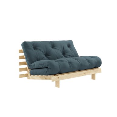 Canapé convertible ROOTS en pin massif naturel avec matelas futon bleu canard 140x200