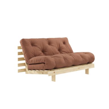 Canapé convertible ROOTS en pin massif naturel avec matelas futon noisette 140x200