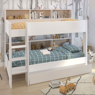 Lit superposé avec rangements et tiroir blanc
