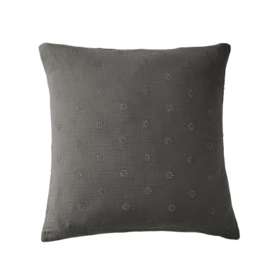 Taie d'oreiller brodée double gaze de coton gris anthracite 60x60 cm