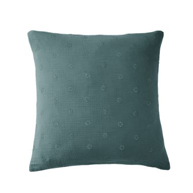 Taie d'oreiller brodée double gaze de coton bleu canard 60x60 cm