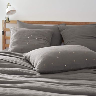 Taie d'oreiller à pois brodés double gaze de coton gris anthracite 60x60 cm