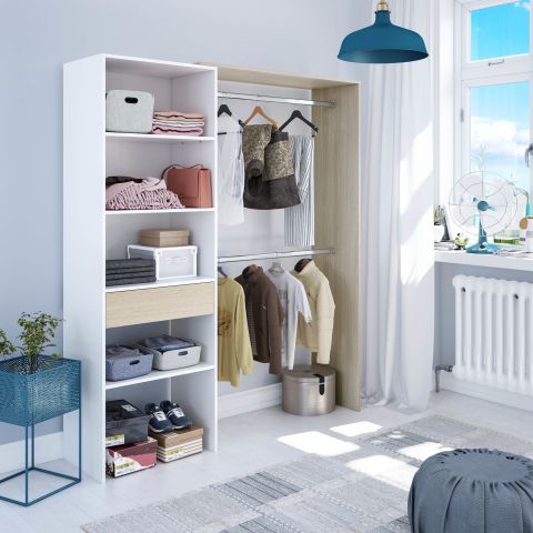 Dressing avec 4 étagères et 2 penderies - Blanc et chêne - DR81007