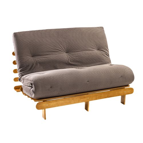 Vue en angle de l'ensemble structure et matelas futon en position canapé chocolat.