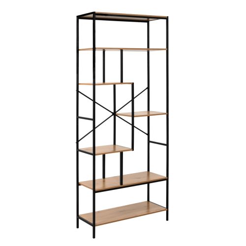 Bibliothèque bois et métal 7 cases coloris bois utilisée comme rangement de bureau