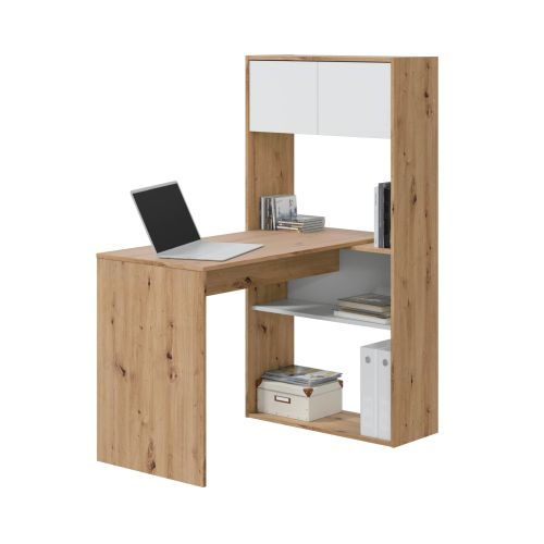 Bureau réversible avec étagères coloris blanc et chêne