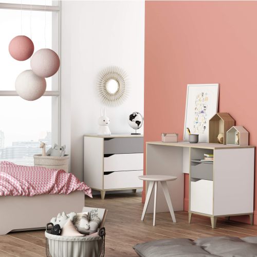 Bureau enfant 1 porte, 1 tiroir, 1 niche en bois blanc et gris - BU215