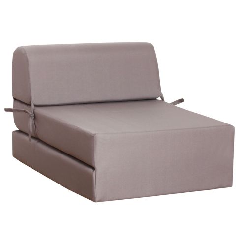 Plan en angle de la chauffeuse en mousse taupe repliée, maintenue par des liens en tissu