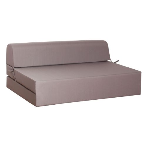 Vue de la chauffeuse en mousse deux places taupe repliée, sur fond blanc studio