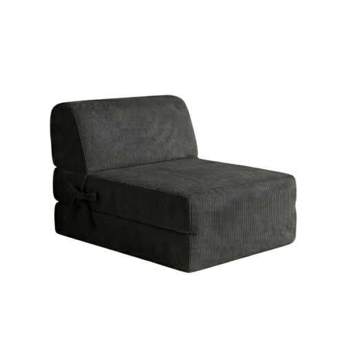 Fauteuil convertible gris anthracite vu de trois quarts sur fond blanc neutre.