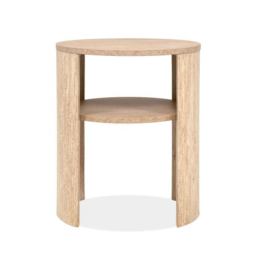 Petit chevet effet travertin avec niche de rangement et plateau rond en MDF