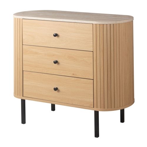 Commode effet travertin avec 3 tiroirs et pieds en métal noir sur fond blanc