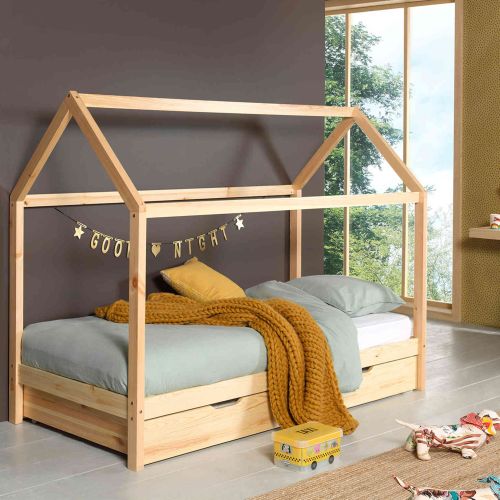 Lit cabane enfant en bois massif 90x200 avec tiroir de lit - LT2024
