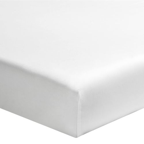 Drap housse blanc en coton présenté sur fond blanc, doux et confortable pour lit simple ou double