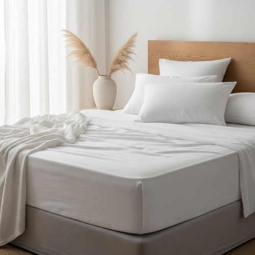Drap housse lin blanc Terre de Nuit installé sur lit double en chambre lumineuse