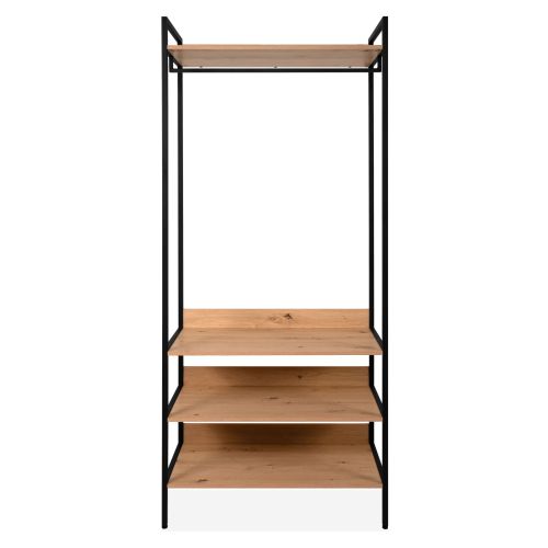 Dressing ouvert bois et métal au format aéré pour ne pas encombrer l'espace visuel