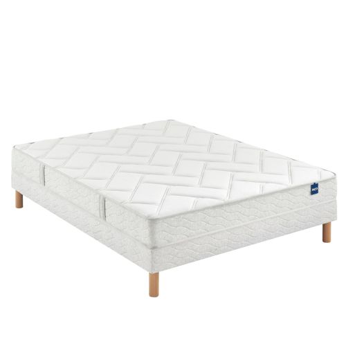 Vue complète de l'ensemble matelas et sommier Bultex sur fond blanc avec pieds bois