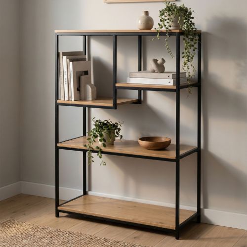 Bibliothèque bois et métal 5 cases coloris bois installée dans un chambre moderne