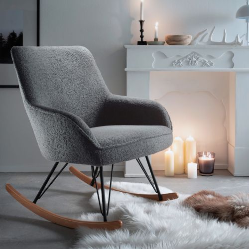 Fauteuil bouclette gris avec pieds en hêtre - FA16024