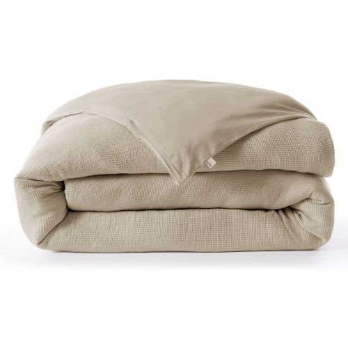 Housse de couette nid d'abeille beige coloris Maya, vue de face sur fond blanc pour literie standard