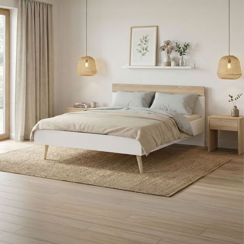 Lit double 140x190cm, blanc et chêne blanchi