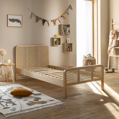 Lit enfant en pin massif naturel avec véritable cannage 90x200