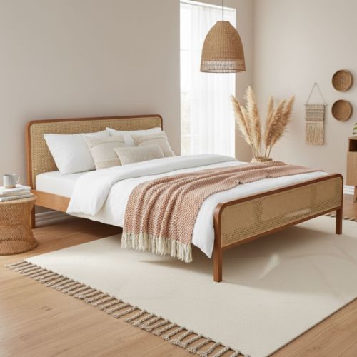 Lit adulte en pin massif avec véritable cannage  marron noisette