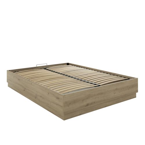 Structure du lit coffre en bois Teddy révélant le sommier à lattes doubles robustes.