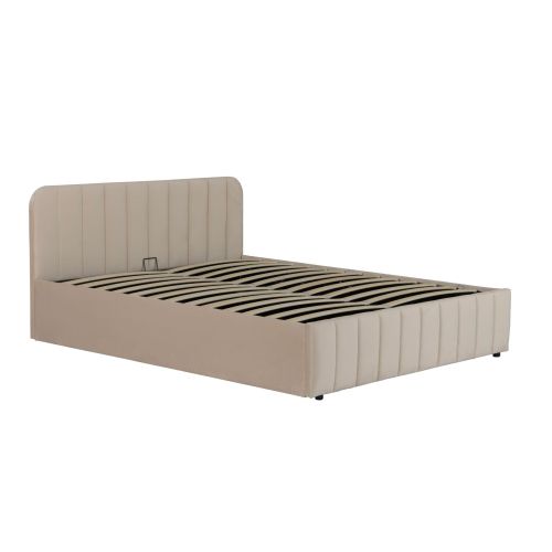 Lit coffre velours écru 160x200 avec tête de lit assortie, vue de coté