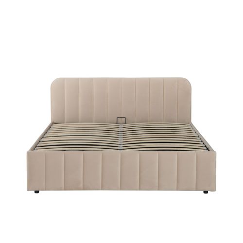 Lit coffre velours écru avec tête de lit assortie, vue de face sur fond blanc