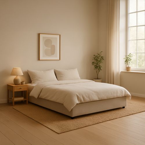 Lit coffre en velours côtelé grosses côtes taupe 140x190